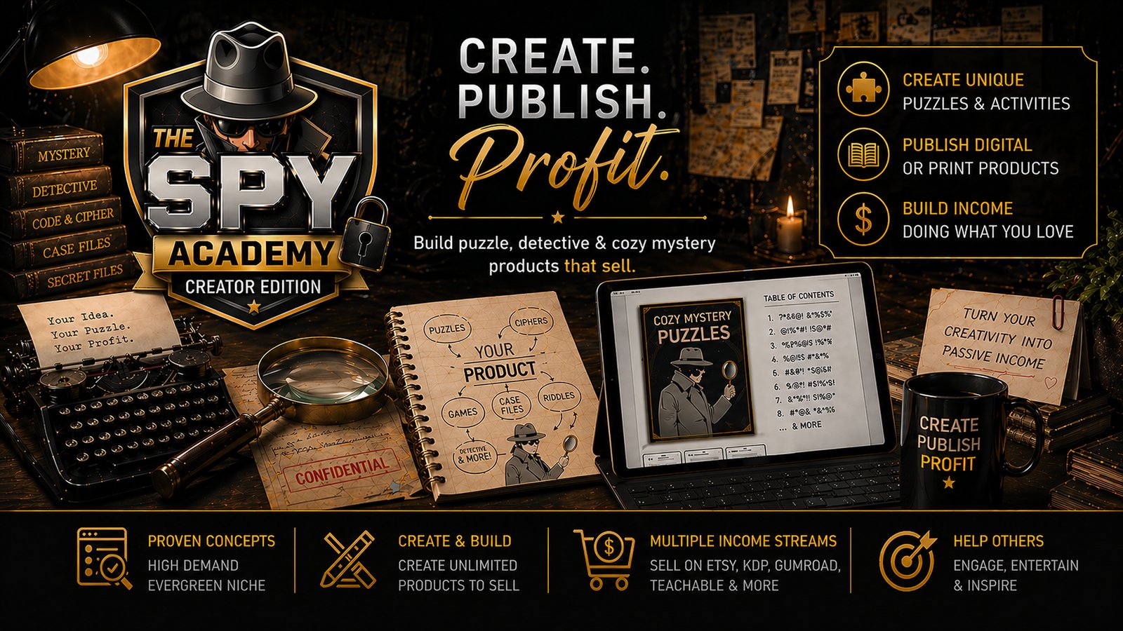 The Spy Academy — Creator Edition. Create. Publish. Profit. Build Puzzle, Detective & Cozy Mystery Products That Sell.
